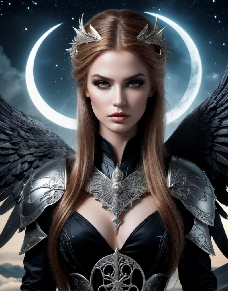 Prompt: angelic godess witchblade, spread dark angel wings, in the asterism sky, medieval armor with geoglyph engraves, in action, with a lumino kinetic glowing sword, style by Daria Endresen, Thomas Ruff, Cristobal Balenciaga, Sarah moon, Monia Merlo, Nelleke Pieters, Elger Esser.h, faerietale couture, dark fantasy, celestialpunk 