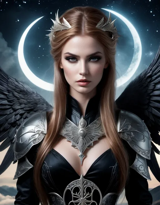 Prompt: angelic godess witchblade, spread dark angel wings, in the asterism sky, medieval armor with geoglyph engraves, in action, with a lumino kinetic glowing sword, style by Daria Endresen, Thomas Ruff, Cristobal Balenciaga, Sarah moon, Monia Merlo, Nelleke Pieters, Elger Esser.h, faerietale couture, dark fantasy, celestialpunk 