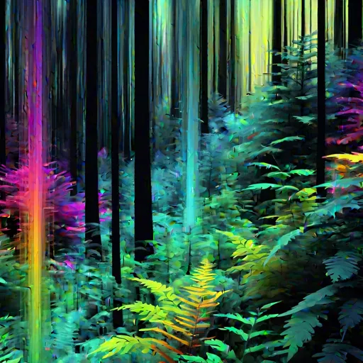 Prompt: carboniferous forest, glitched, glitch, noise, random colored and random textured, spontaneous lighting, random particles, chaotic textures, fractals, duality, color disruption occasional blur, distortion, image errors, artifacts, aberration, scanlines, slivers of television static, disintegration, rgb errors, null, void, inverted, censorship