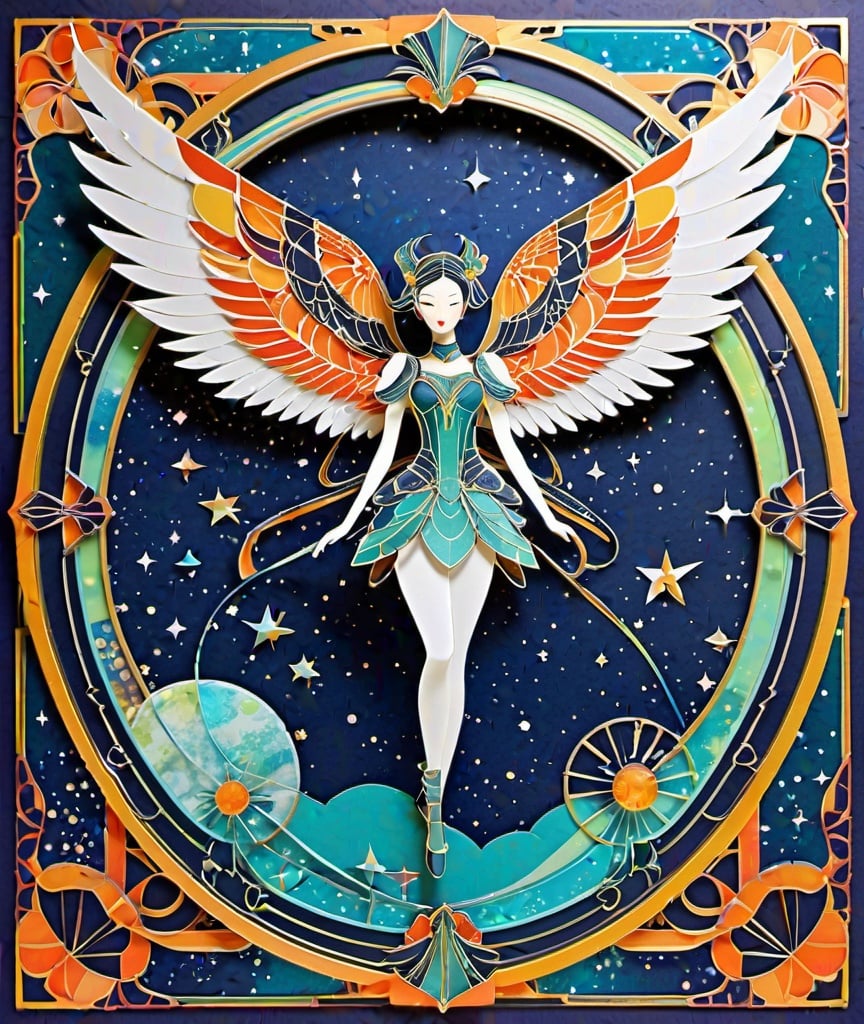 Prompt: ergonomic wings in space, retro-futurism aesthetic, pastiche in the style of Yoshitaka Amano, dynamic pose, patterned scrapbooking paper craft inspired, patterned paper piecing, intricate art nouveau frame border, bold colors, neon, sparklecore, glittercore, celluloid