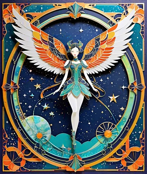 Prompt: ergonomic wings in space, retro-futurism aesthetic, pastiche in the style of Yoshitaka Amano, dynamic pose, patterned scrapbooking paper craft inspired, patterned paper piecing, intricate art nouveau frame border, bold colors, neon, sparklecore, glittercore, celluloid