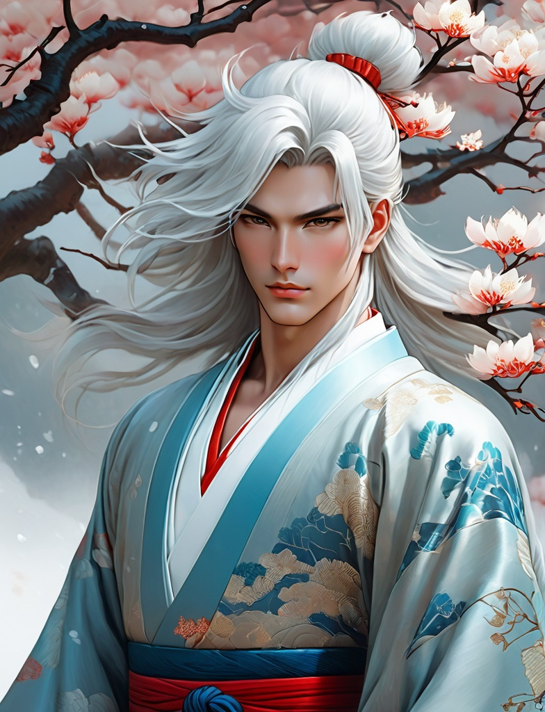 Prompt: sesshoumaru as a realistic very handsome person, Art by josef kote, Tom Bagshaw, Vincent Van Gogh, Luis Ricardo Falero, artgerm , Katsushika Hokusai, artstation's huang guangjian, gil elvgren , catrin welz-stein, tom bagshaw, sachin teng, Viktoria Gavrilenko. Iridescent glow, 3d. Photorealistic, 3d, extremely detailed