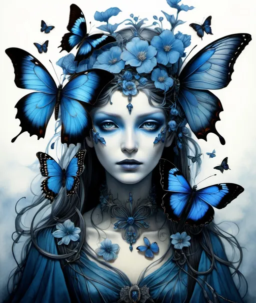 Prompt: morpho blue butterflies, flowers, floral, beautiful ephemeral phantom, bioffice horus ouroboros, creepy skeletal vining and twining, in the style of leonard baskin cave birds drawings, botanicalbentology, brian froud, lovecraftian and alphonse mucha, Kirsty Mitchell 