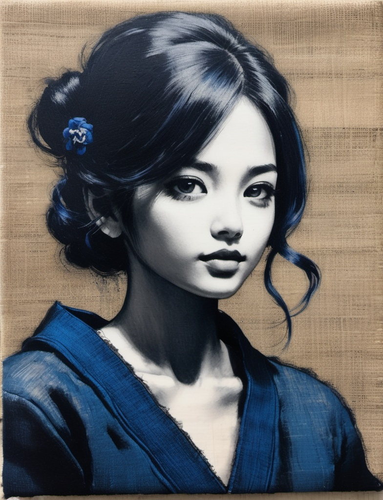 Prompt: Charcoal sketch with indigo hints, textured burlap canvas, vintage manga realism 