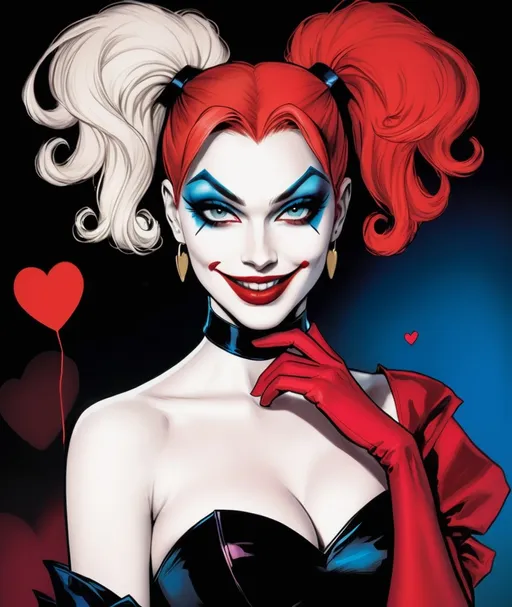 Prompt: harley quinn, with minimalist heart makeup, like a aristocrat, vaudeville diva, sarcastic smile, comic style, by John byrne 