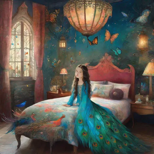 Prompt:  A cute girl in magical fantastic bedroom with whimsical animals , a colorful peacock, a magical cat, butterflies and art by Florence Harrison, Yulia Brodskaya, catrin Welz Stein, Rosalba Carriera, pol Ledent, Doug Chinnery, Maud Lewis, Valerie Hegarty, Endre Penovac, Justin Gaffrey. inlay, watercolors and ink, beautiful, fantastic view, extremely detailed, intricate, best quality, highest definition, rich colours. intricate beautiful dynamic lighting award winning fantastic view ultra detailed 4K 3D high definition hdr 