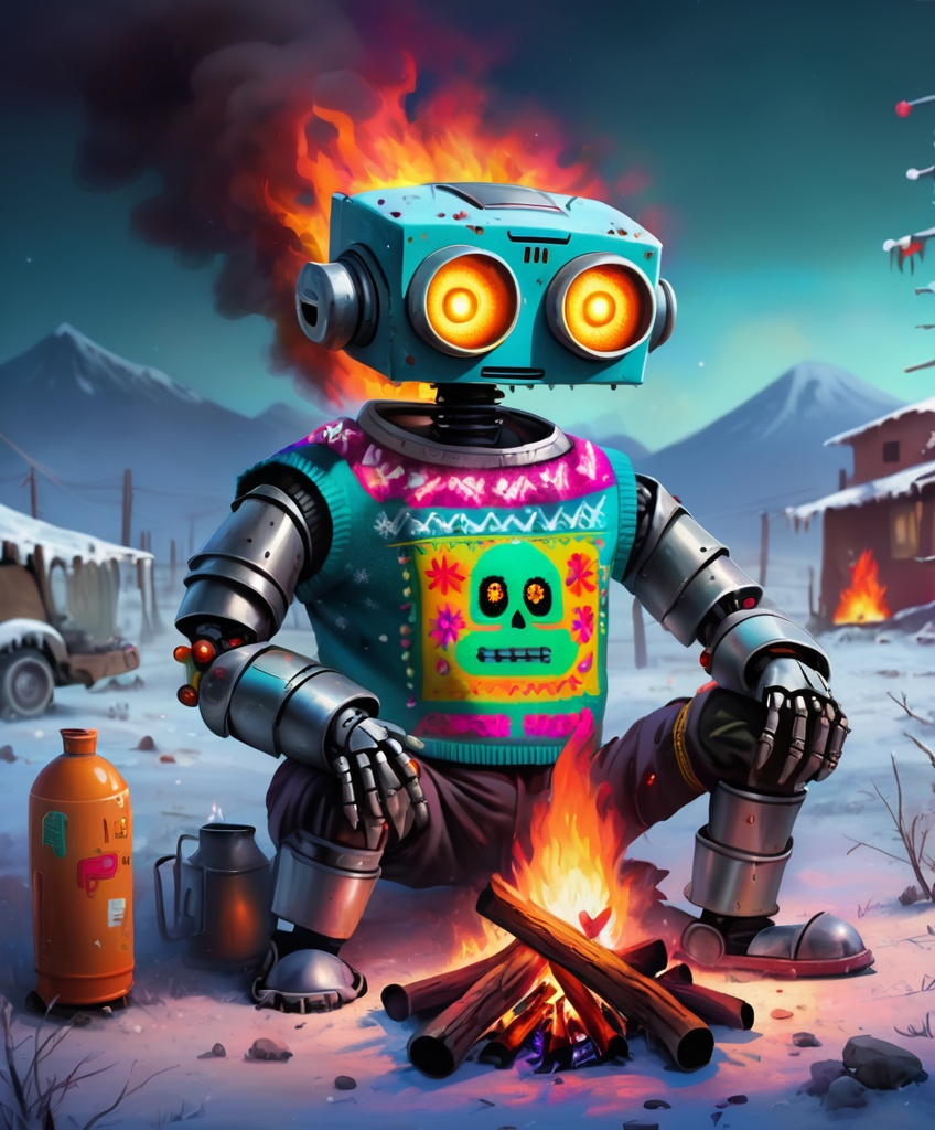 Prompt: A robot wearing an ugly sweater in colorful Mexican style, shabby clothes style, robot Chappie, apocalyptic environment and a bonfire in cold night 