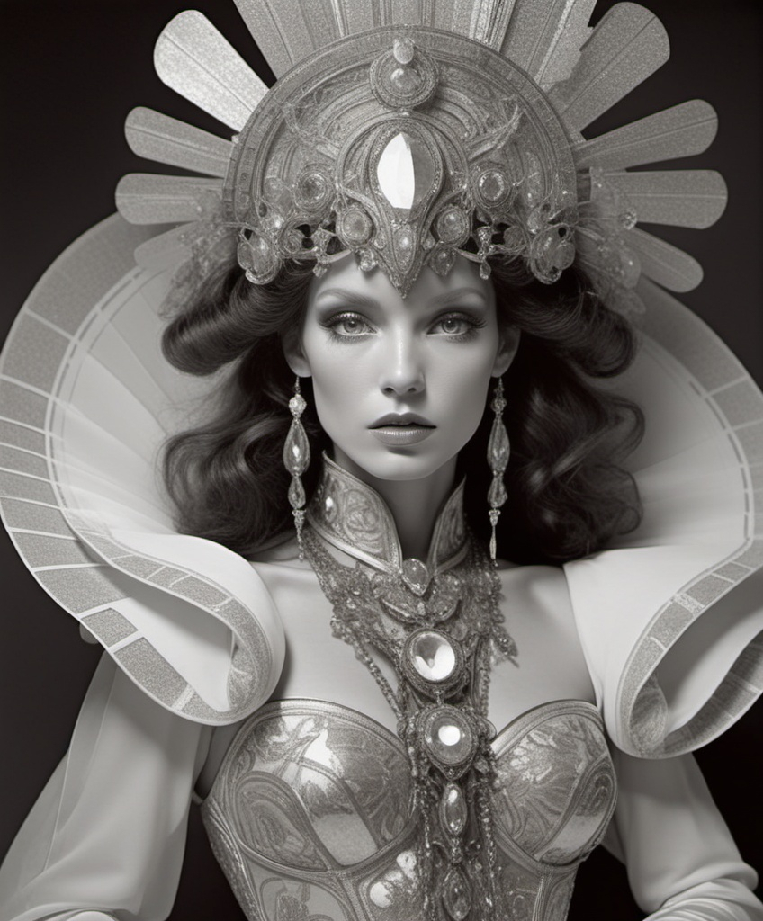 Prompt: photonegative refractograph of bifrost couture by westwood and mucha, vogue magazine, brunette
