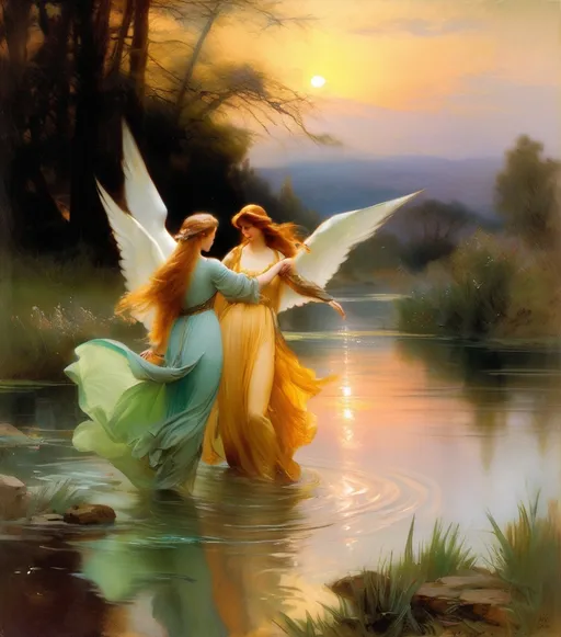 Prompt: beautiful mythological sprites wading in a pond, beautiful long hair and angelic faces, armageddon in background, Oil Painting in the style of Jean-François Millet, figurative fine-art by Daniel F Gerhartz Hans Zatzka's, early 20th century, neoclassical, by John William Waterhouse Chauncey Bradley Ives's 
19th century, 16k, ultra high quality 00 -