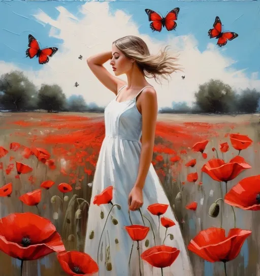 Prompt: Thick palette knife drawing, art by Beth Conklin: a pretty girl and the butterflies sitting through the poppies. Tall red poppies touching her face, the butterflies flying around her head. The red flowers color pops up against the light blue sky. large brush strokes, oil painting, she is wearing a white dress.