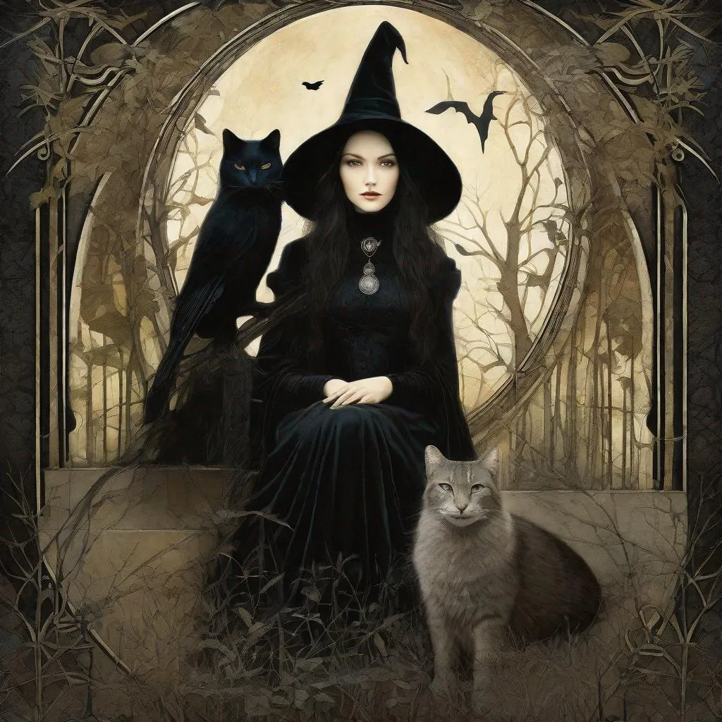 Prompt: A beautifull gothic witch and her fluffy bicolor magical cat art style by Masaaki Sasamoto, William Timlin, Mario Sorrenti, David Spriggs,  Christian Schloe, endre penovac, catrin welz Stein, Mondrian, James jean. High quality, highly detailed, intricate details.dynamic lighting award winning fantastic view ultra detailed high definition hdr focused glow shimmer