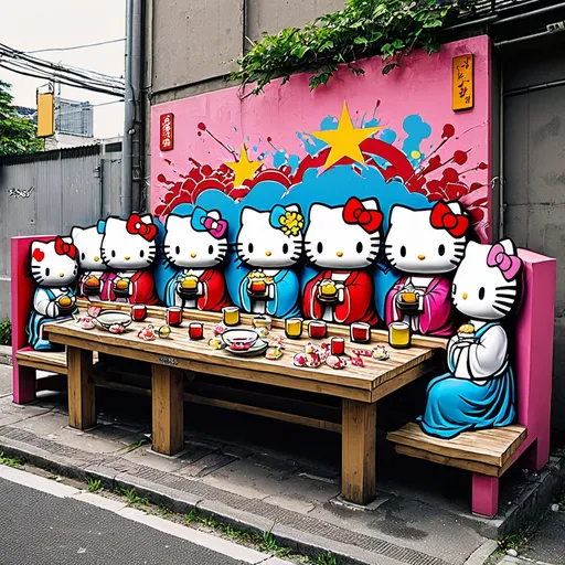 Prompt: graffiti Japanese pop art of hello kitty last supper 