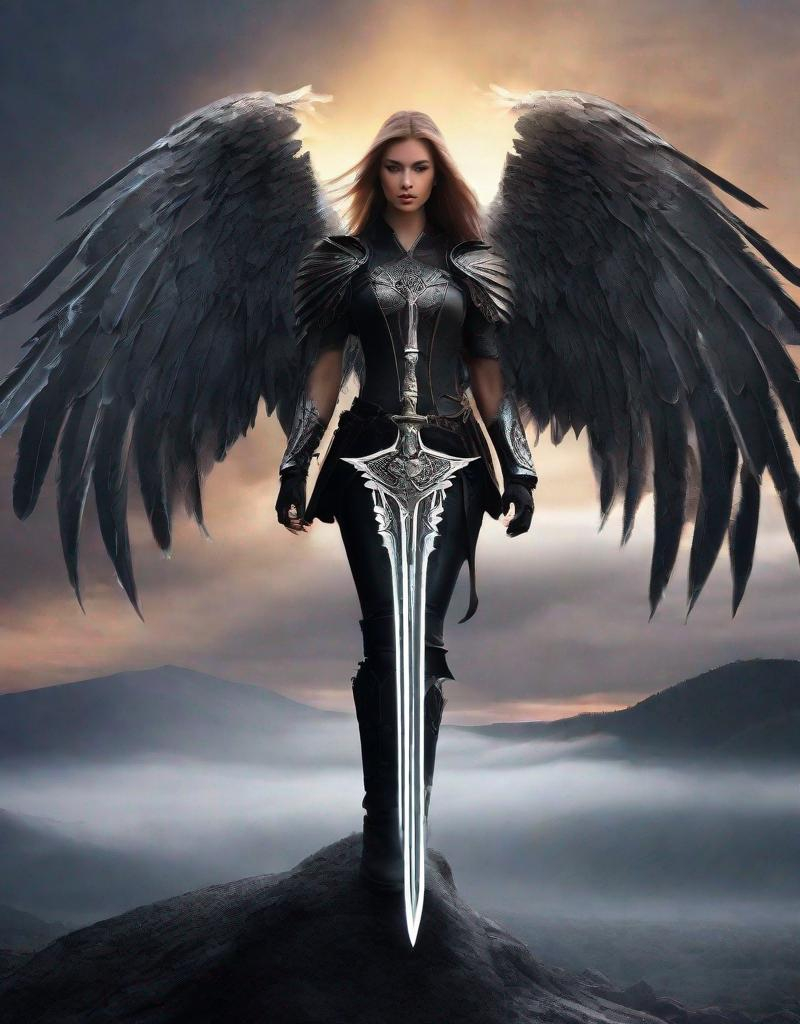 Prompt: angelic godess witchblade, spread dark angel wings, in the twilight sky, medieval armor with geoglyph engraves, in action, with a lumino kinetic glowing sword, style by Daria Endresen, Thomas Ruff, Cristobal Balenciaga, Sarah moon, Monia Merlo, Nelleke Pieters, Elger Esser. faerietale couture, dark fantasy,
