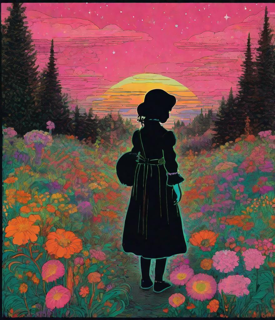 Prompt: neon victorian, bifrost in a setting full of flowers, in the style of anime aesthetic, colorful moebius, stipple, pop art references, art brut influences, 1970’s woodblock, gwen frostic print, vintage, faded, pink orange green brown, grainy, children’s book illustration, nature poem illustration, photonegative refractograph, retrofuturism, steampunk synthwave 