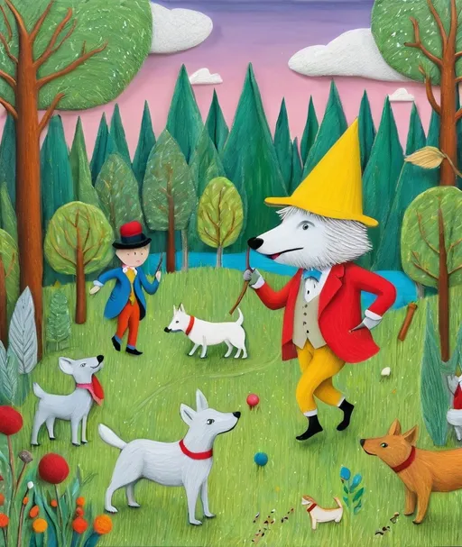 Prompt: "Peter and the Wolf", vaudeville-style, children drawing, naive art, 3d, extremely detailed 