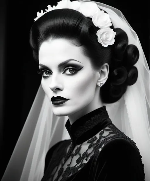 Prompt: Art by Aliza Razell, Richard Avedon 
bridal glamour, Bride of Frankenstein, Universal horror, intense gaze, direct eye contact, big pleading eyes, big wild flowing spiral hair, goth, Psychobilly fashion dressed in dark-black black sci-fi couture velvet wedding dress, pale smooth milky white skin, black and white stylized retro hair, bridal veil over her face, darkness except for light on her face, romantic dreamy angelic luminous quality, low key black image