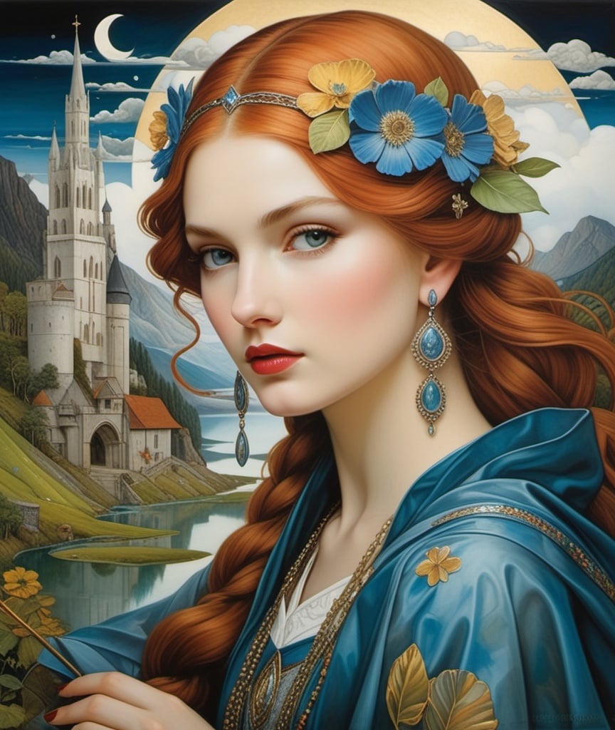 Prompt: She is more than what she became, she desires to seek something beyond  this wasteful life of duty, don't be afraid, fulfill your potential of good and beauty, Agnieszka Lorek, Erik Jones, Edgar Maxence, Maggie Taylor, Justin Gaffrey, Haroshi, Howard Arkley, Morris Hirshfield, John Anster Fitzgerald