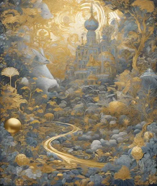 Prompt: golden hypermaximalism pencil illustration, biobentology, celestial and ethereal manifestation of rococo fantastical ephemeral chaotic dreams and fantastical creatures in a terragenaic landscape, gold leaf everything 
