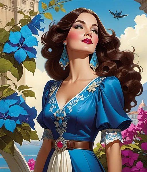 Prompt: Beautiful brave Beatrice, beloved brunette bachelorette from a bygone era, Bonafide, bewitching blue bougainvillea bonanza, Florence Broadhurst, Brom, Bill Willingham, Charles Bibbs, tom bagshaw 