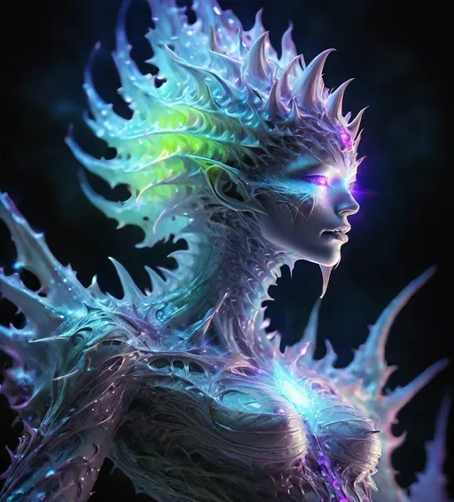 Prompt: a ghost creature fantasy art, ethereal spiked form, beautiful, neural flame, fractal paralleled universe fantasy creature, realistic fantasy, neon uplight, in the style of NubisImmortalAiCreations