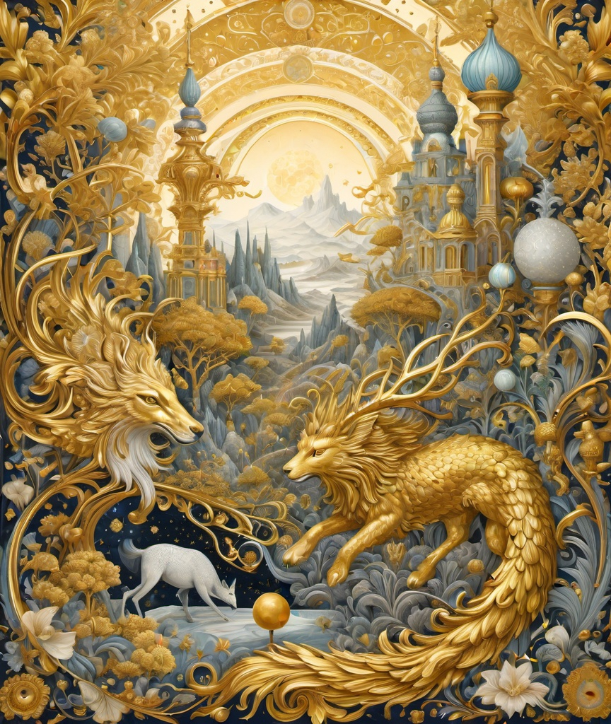 Prompt: golden hypermaximalism pencil illustration, biobentology, celestial and ethereal manifestation of rococo fantastical ephemeral chaotic dreams and fantastical creatures in a terragenaic landscape, gold leaf everything 