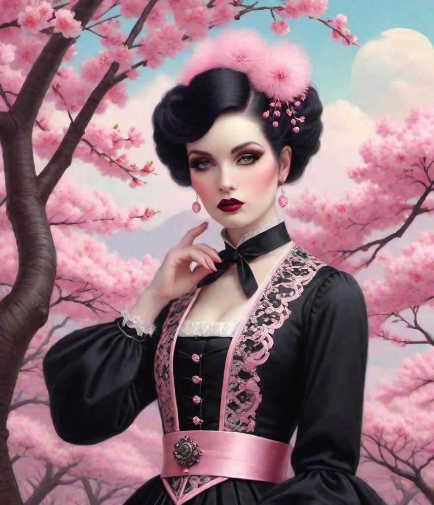 Prompt: modern gothpunk pink girl in cherry blossom sakura viewing spring:: victorian goth fashion for pixie-faeiries, Cameo, tom Bagshaw, Jessie M. King, Peter Driben