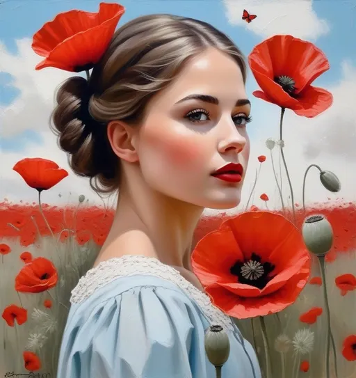 Prompt: Thick palette knife drawing, art by Beth Conklin: a pretty girl and the butterflies sitting through the poppies. Tall red poppies touching her face, the butterflies flying around her head. The red flowers color pops up against the light blue sky. large brush strokes, oil painting, she is wearing a white dress.
