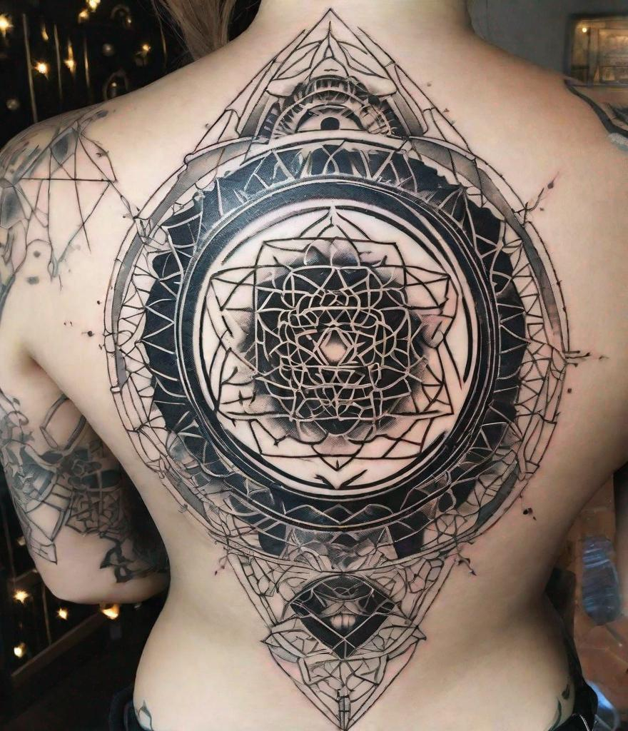 Prompt: beautiful woman laser etched tattoo from behind, sacred geometry, glowing tattoo, cosmic