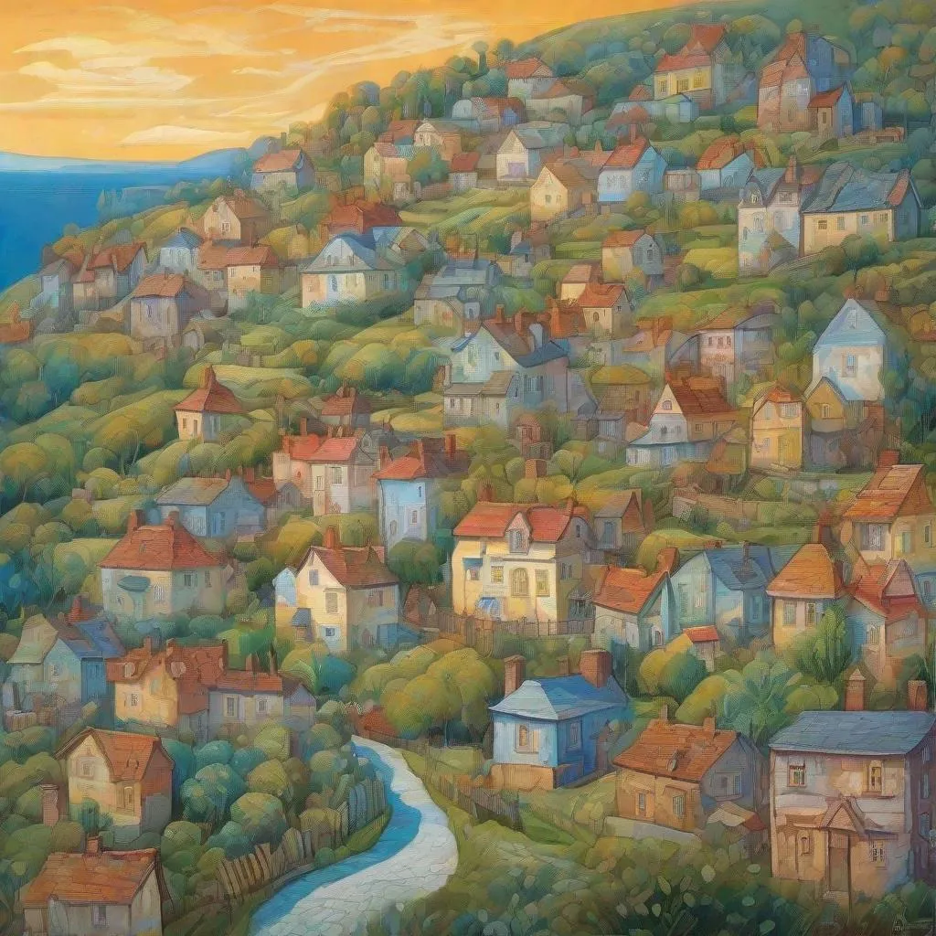 Prompt: Beautiful Landscape village, houses in a Hill , In style of Fern Isabel Coppedge, Elia Locardi, Akos Major, Raoul Dufy, George Birrell, Amanda Clark, Iris Scott, Mikalojus Konstantinas Ciurlionis. 
elegant intricate beautiful award winning fantastic view ultra detailed