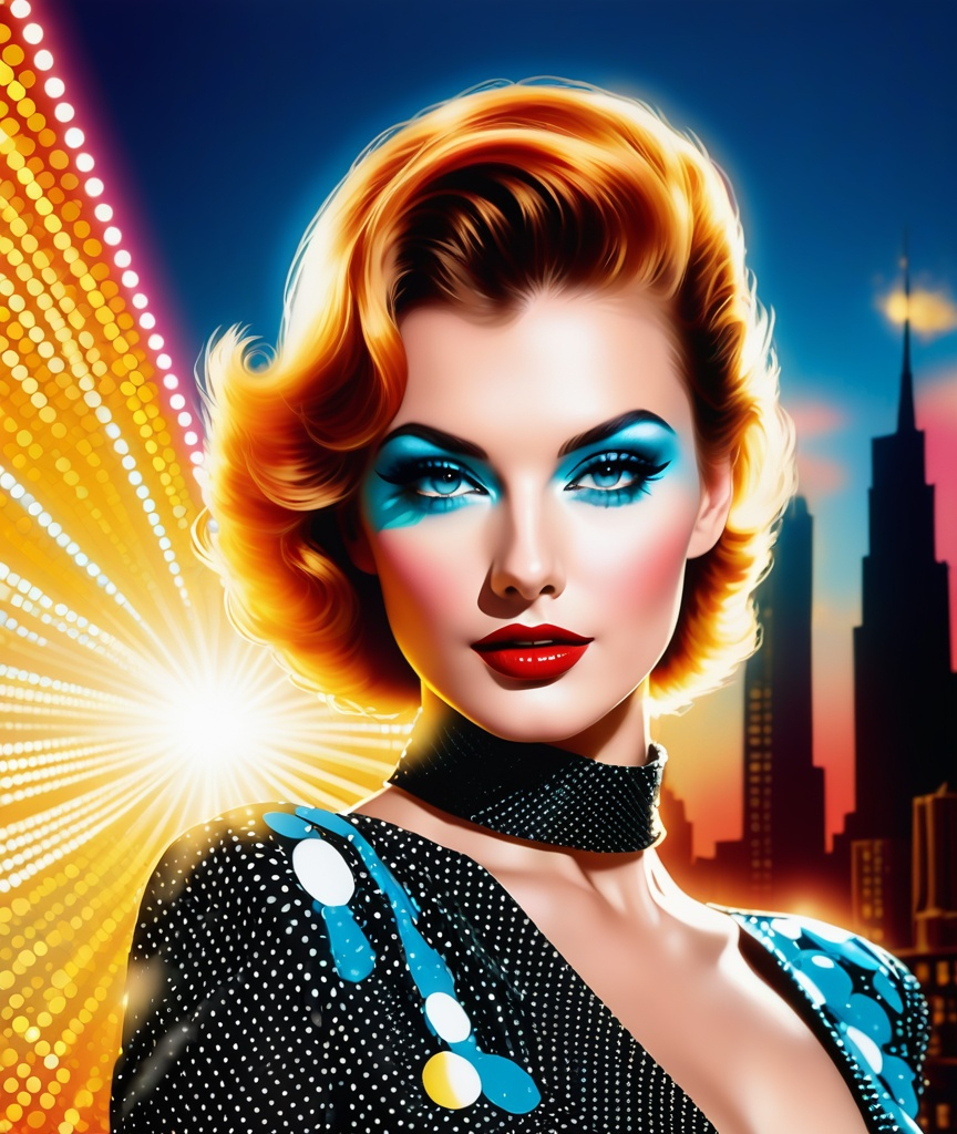 Prompt: makeup by artemis & photography. photo by lauren emery, in the style of pop art advertising, dazzling cityscapes, uhd image, solarization effect, sunrays shine upon it, 1980s, dotted, modern interpretation of Vaudeville 