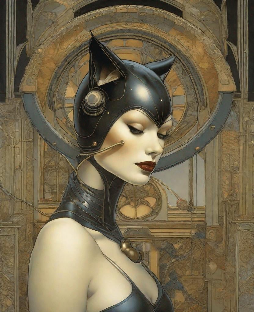 Prompt: Beautiful interdimensional Catwoman, Michael Parkes style 