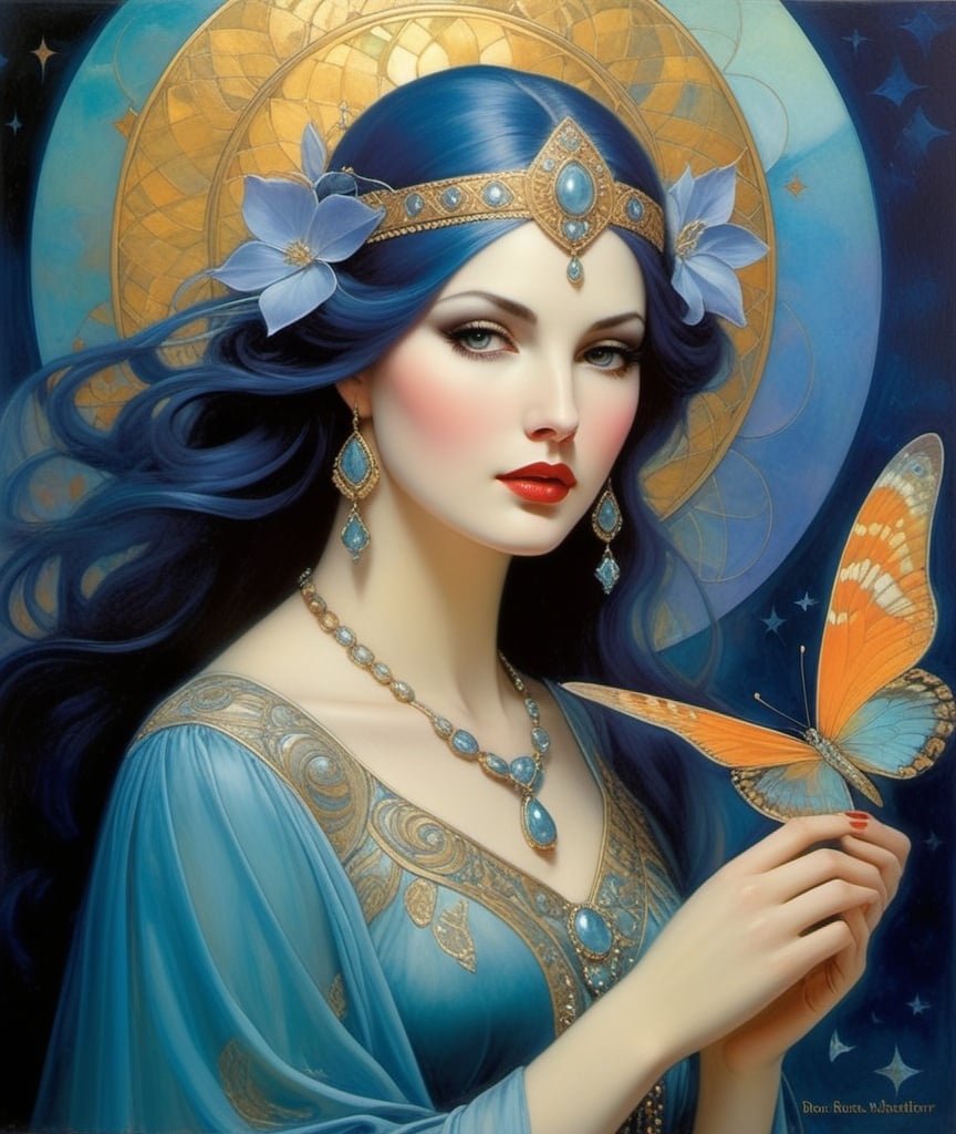 Prompt: She is more than what she became, she desires to seek something beyond  this wasteful life of duty, don't be afraid, fulfill your potential of good and beauty, Dorina Costras, Bela Kadar, Ruth Sanderson, Michael Hutter, Anna Sui, Howard Arkley, Morris Hirshfield, John Anster Fitzgerald