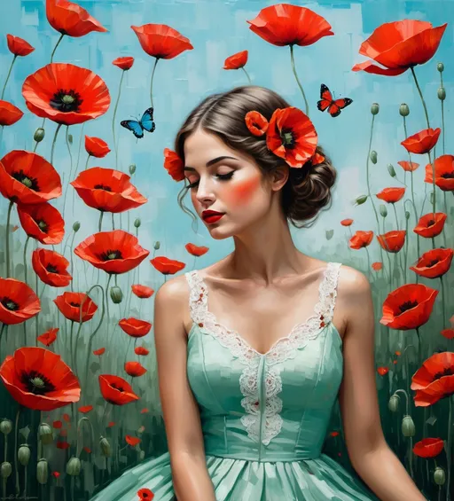 Prompt: Thick palette knife drawing, art by Beth Conklin and Esteban Cortazar: a pretty girl sitting in a garden of poppies poppies and butterflies. Tall red poppies touching her face, butterflies flying around her head. The red flowers color pops up against the light blue sky. large brush strokes, oil painting, she is wearing a white dress and green lace.