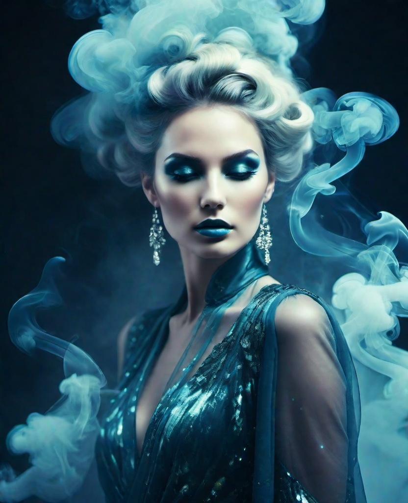 Prompt: fashion goddess, double exposure, smoke and mirrors, bifrost color theme 