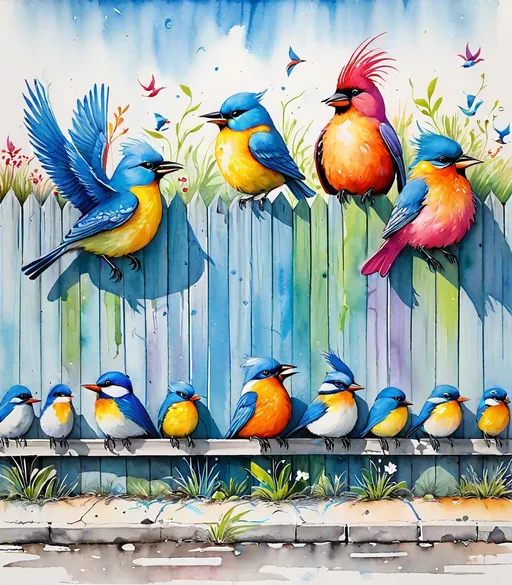 Prompt: graffiti in a street mural of whimsical, playful, various birds, seated along a fence line, bright pastel colors, seemingly having conversations, staring into space, with one blue bird just flying off the fence, alcoholink and watercolor on yupo paper in style 