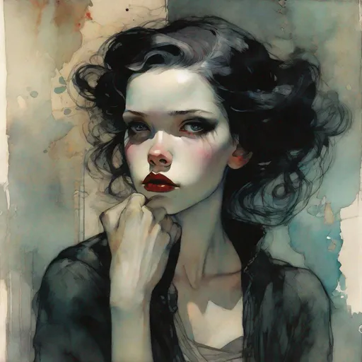 Prompt:   A very beautiful grimdark girl art by Malcolm Liepke, Nickolas Muray, Fritz Lang, Charles Robinson, esao Andrews. watercolors and ink, 3, extremely detailed, intricate, high definition, crisp quality 