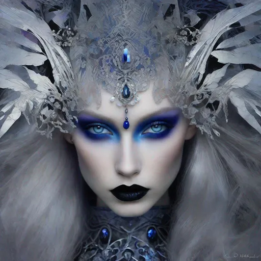 Prompt: A very beautiful albino girl witch, Violet eyes, heavy metallic blue eyeliner, black lipstick,  long hair, black and silver ethereal clothes art by  William Oxer, Nickolas Muray, Aliza Razell, Charles Robinson, esao Andrews. Ethereal background, Mixed media, 3d, extremely detailed, intricate, high definition, crisp quality 