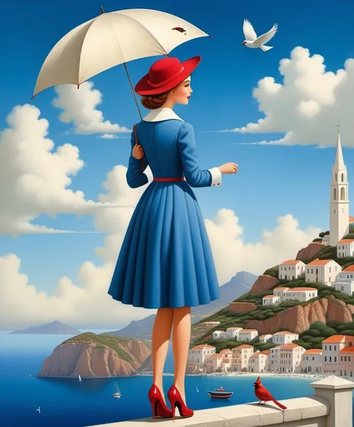 Prompt: Charming cute Curious Carol, charismatic girl of compassionate consciousness Celestine city, chasing clouds, cardinal and Capri blue and cerise classy clothes, art style by Fred Calleri, Dave Coverly, catrin welz-stein, Catherine Holman, Bill Carman