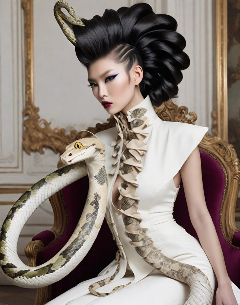 Prompt: Medusa Minimalist Versailles haute couture aapi snake Mohawk model on minimalist rococo fashion set 