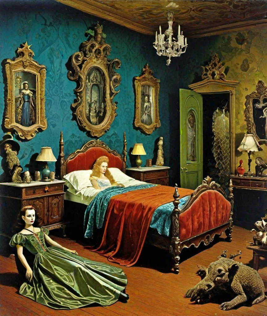 Prompt: vintage full color relic photograph surrealistic nightmare terror kitsch, Rita Angus, Michael Cheval