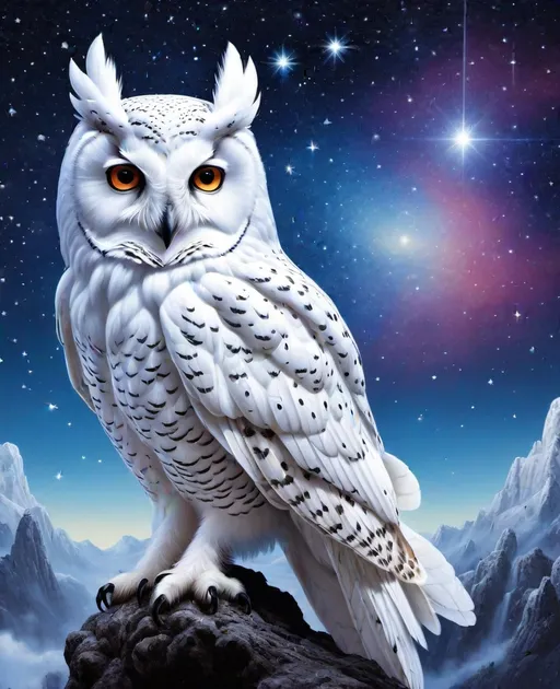 Prompt: mesmerizing white owl searching for bifrost, by Pierre et Gilles, minimal figures, starry skies