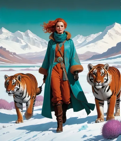 Prompt: Art by Tom Lovell, Luc Tuymans, Tom bagshaw, Olivier Theyskens, Sachin Teng, Dana Trippe;Talia, wearing a terracotta, turquoise and thistle winter tunic, the talented troubadour, trekked through the tundra with her tenacious tiger companion. 