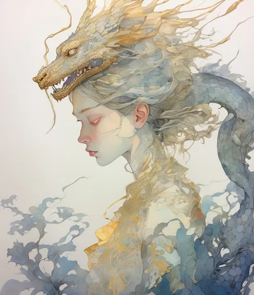 Prompt: the cheshire princess has found her joy: she has a mythical dragon protector. Android Jones, James Jean, takato yamamoto, Arthur Rackham. watercolor, volumetric lighting, maximalist, concept art, intricately detailed, elegant, expansive, 32k, fantastical, golden ratio principles, haunted, glass sculpture, honeycomb patterns, art by makoto shinkai, conrad roset. 3d, iridescent watercolors ink, polished finish, gradient chrome colors.