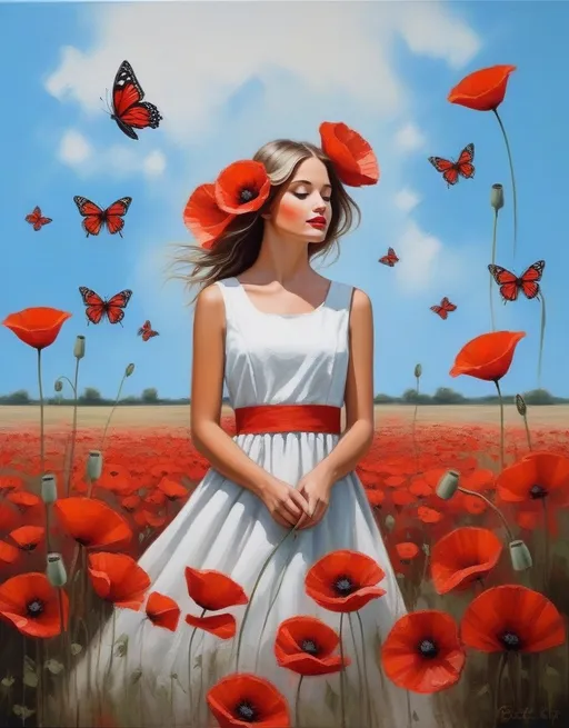 Prompt: Thick palette knife drawing, art by Beth Conklin: a pretty girl and the butterflies sitting through the poppies. Tall red poppies touching her face, the butterflies flying around her head. The red flowers color pops up against the light blue sky. large brush strokes, oil painting, she is wearing a white dress.