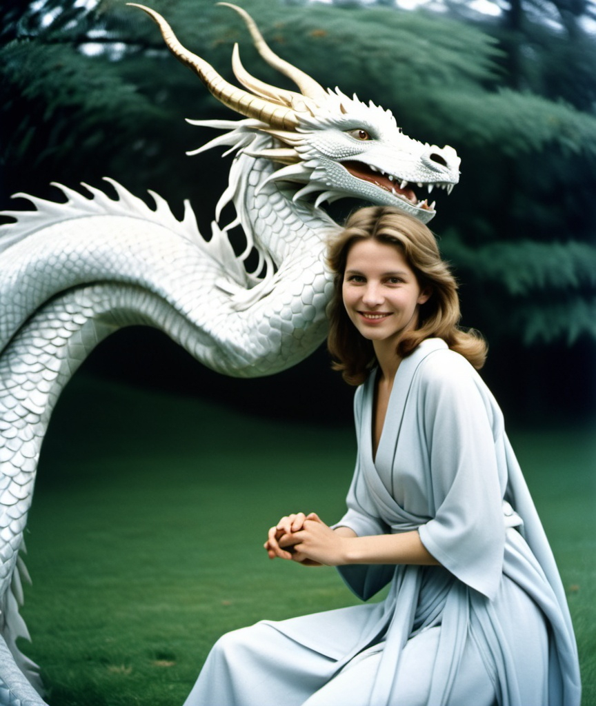 Prompt: Dufaycolor photograph, Sophie Delaporte, Judith Desrosiers,  full body shot, white dragon's body wrapped around the woman, a friendly, smiling scene, A white dragon with gentle, lovely eyes and a young woman in her early twenties, she has sparkling smile, 