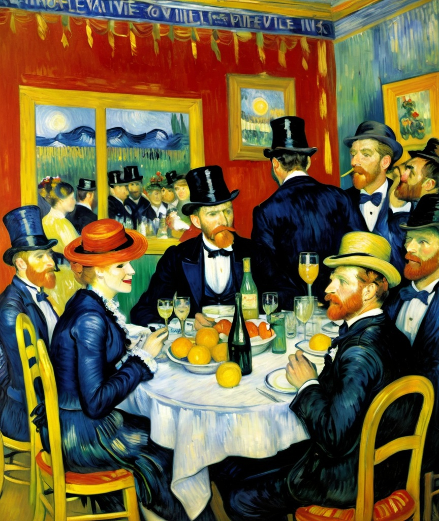 Prompt: renoir luncheon of the vaudeville night by van gogh 