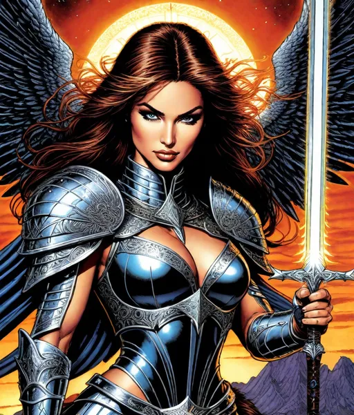 Prompt: angelic godess witchblade, spread dark angel wings, in the asterism sky, medieval armor with geoglyph engraves, in action, with a lumino kinetic glowing sword, comics cover by barry windsor-smith, faerietale couture, dark fantasy, celestialpunk 