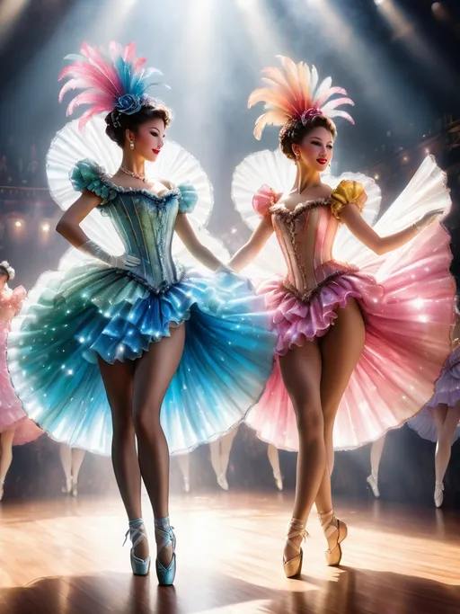 Prompt: cancan dancers at broadway in 1830, portrait, sparkle and glittery style, spot light, delicate costumes, ultra high definition, anime style by Inoue Takehiko. Extremely detailed, 3d