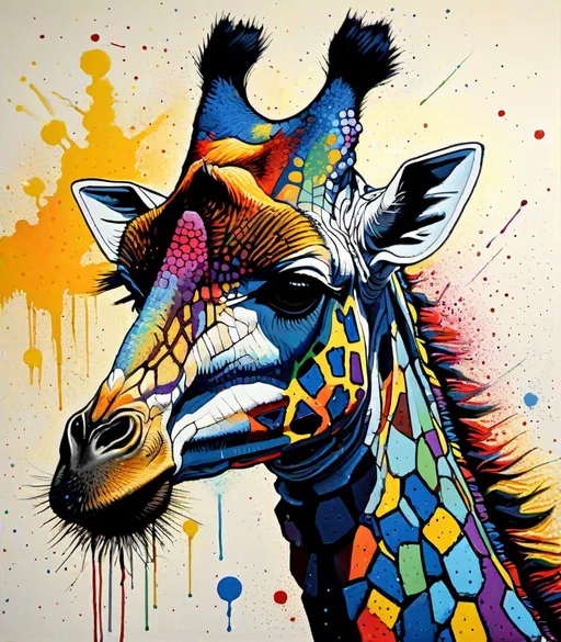 Prompt: pointillism expressionism colorful graffiti giraffe portrait, Bernard Buffet, Pierre Soulages, Moebius, Steadman, Basquiat 
