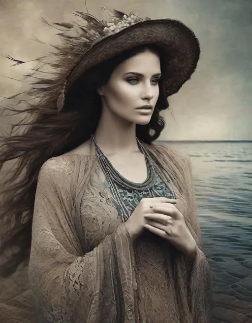 Prompt: This lonely beautiful lady, She remains an intricate tapestry of unanswered questions and tantalizing mysteries art by Daria Endresen, Lalla Essaydi, Fernand Fonssagrives, Elger Esser, Rimel Neffati. Warm tone pallet colors, 3d, watercolors and ink, beautiful, fantastic view, extremely detailed, intricate, best quality, highest definition